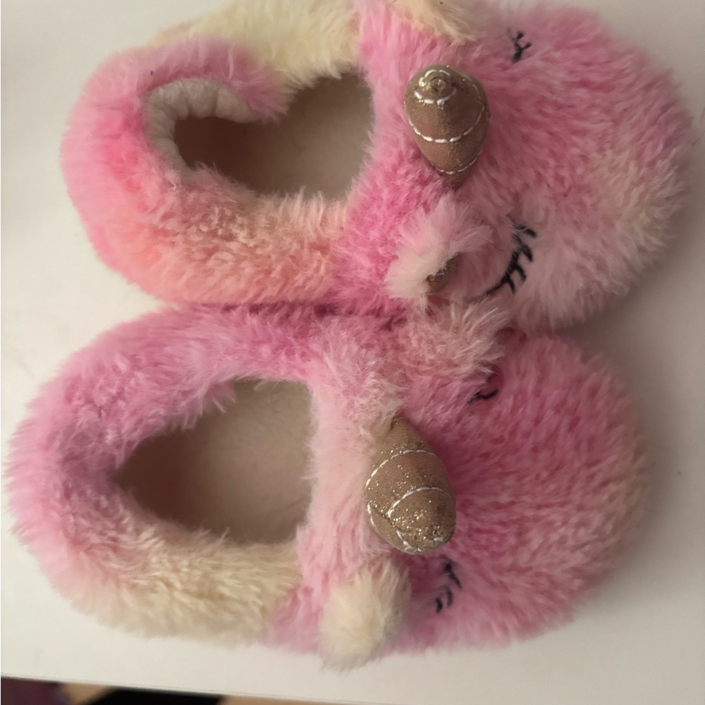 Pink Plush Unicorn Slippers with Gold Horns
